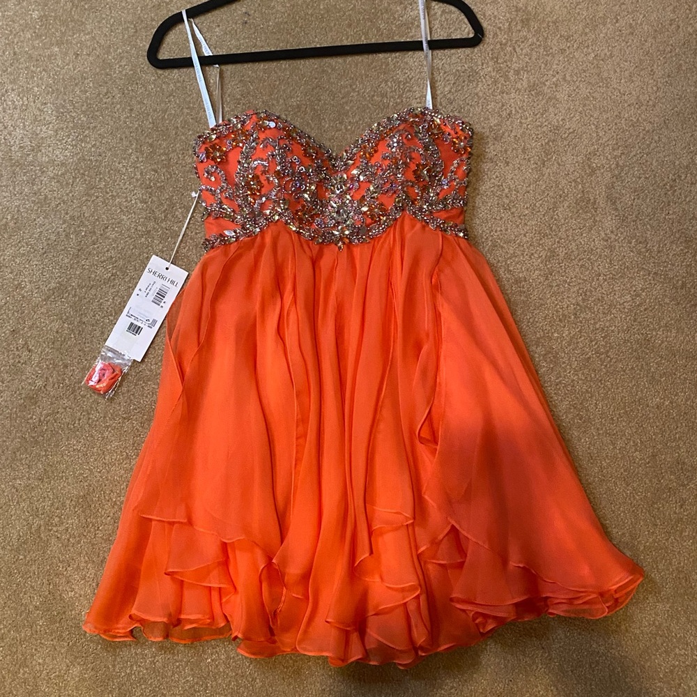 Sherri Hill Orange Beaded Mini Dress